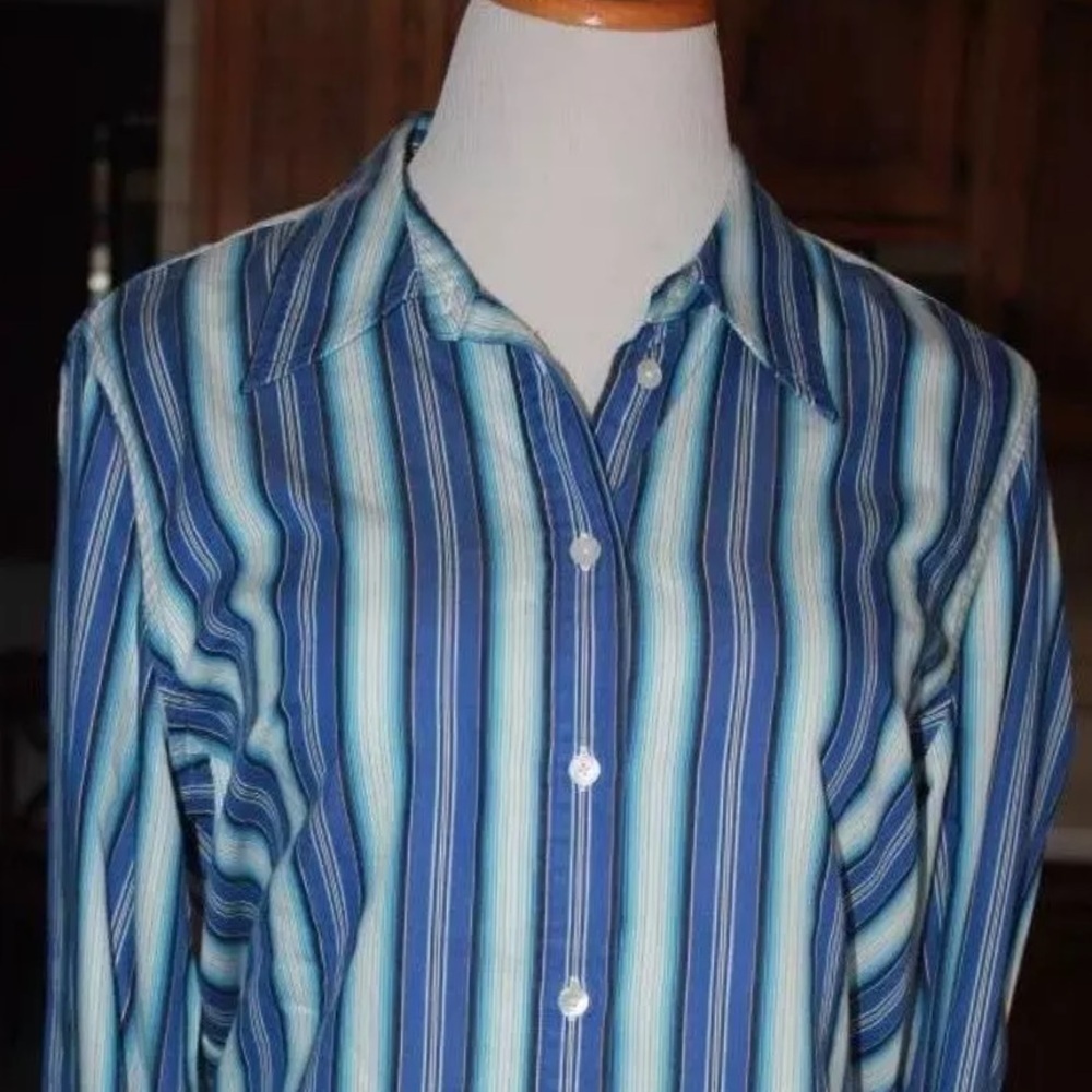 Jones New York Signature Striped Button Front Shirt XL Blue Black White - Picture 2 of 4